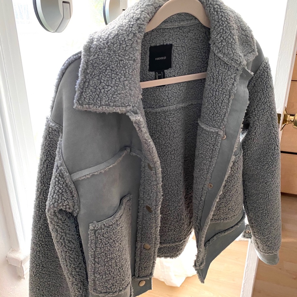 Faux Sherpa and suede light blue jacket